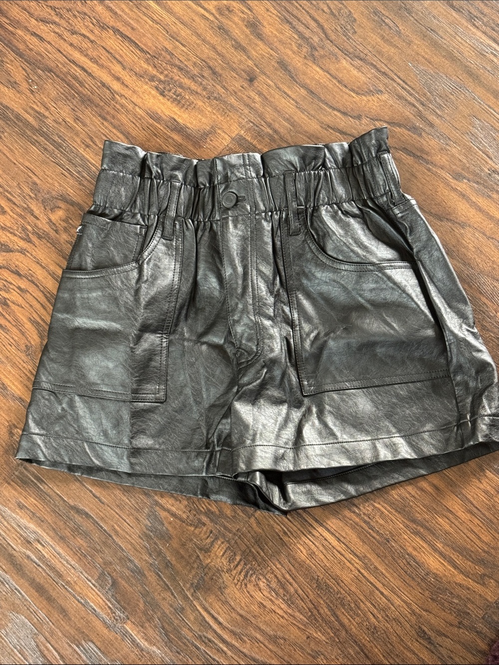 KanCan Black Faux Leather High-Waist Paperbag Shorts with Front Pockets